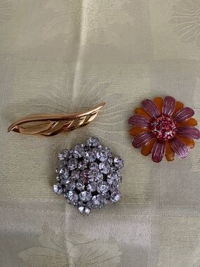 Lot of 3 Vintage Pins - Gorgeous Large Rhinestone Pins and Gold Leaf Napier